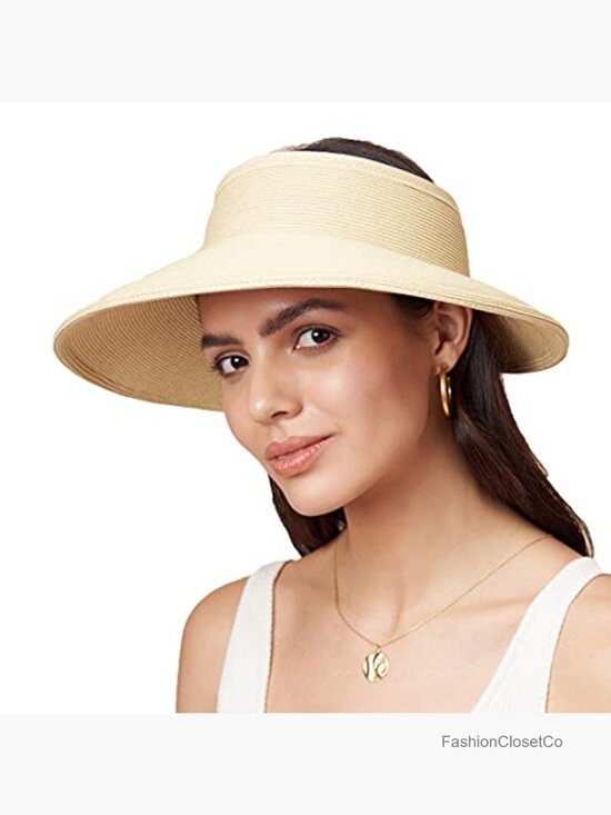 UPF 50+ Wide Brim Sun Visor, Packable Straw Beach Hat
